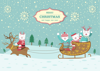 Cute Bear with Christmas Sleigh,Christmas Card,Vector illustrations