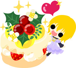 The cute illustration of Christmas and a girl -A big Christmas cake-