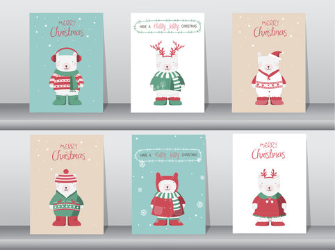 Set of cute Merry christmas  background with cute bear and winter clothes, Vector illustrations