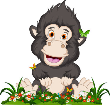 funny gorilla cartoon with flower garden