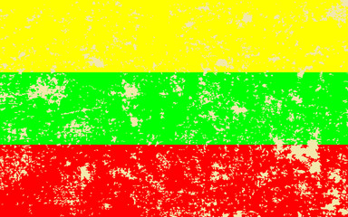 Flag Of Lithuania. Three colors red, green, orange. Shabby background. Grunge texture.