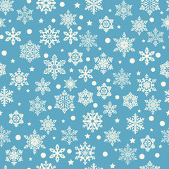 Seamless winter pattern with snowflakes. Vector  white snowflakes on blue background. 