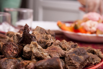 Close detail of home made pork meat on Christmas