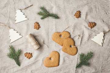 Christmas composition. Handmade christmas decorations from cookies. Flat lay, top view