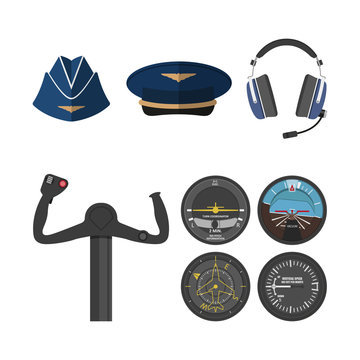 Set of icons of aviation in a flat style. Objects pilots and ste