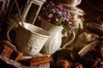 retro tea set on wooden background