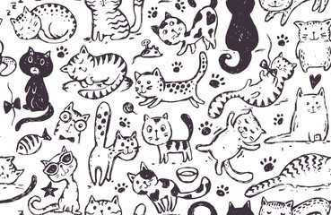 Vector seamless pattern with hand draw funny cats in sketch style