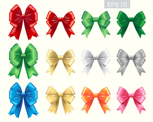 Set of colorful ribbon tied bows in vector format for gift card,