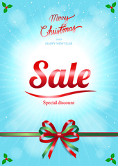 Christmas and happy new year sale poster or banner with tied ribb