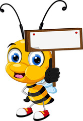 funny cartoon bee holding blank sign