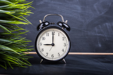 Retro alarm clock and grass on the background of blackboard. Free space for your text.