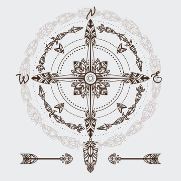 Bohemian compass. Compass in a vintage boho and tribal style. Vector illustration. Good for tattoo and for hippie projects design