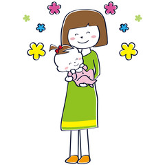 笑顔の赤ちゃんを抱っこする笑顔のママ　おかっぱ