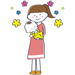 笑顔の赤ちゃんを抱っこする笑顔のママ　ポニーテール
