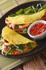 Vietnamese Banh Xeo crepes with pork, shrimp and bean sprouts and a sauce closeup. Vertical
