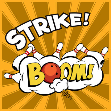 Vector pop-art bowling illustration on a vintage background. Bowling strike.