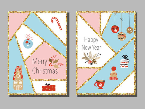Christmas cards set with different signs on Christmas and New Year: wreath, cake, gingerbread house, mittens, toys, gifts and socks. Greeting card, Congratulations, Invitations.