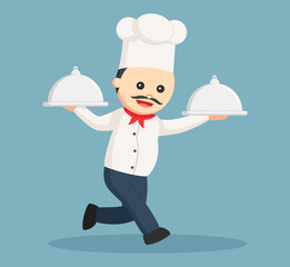 fat chef running and holding two platter