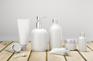 Cosmetic packaging spa and beauty set on plank wood and white background, organic feeling 3d render