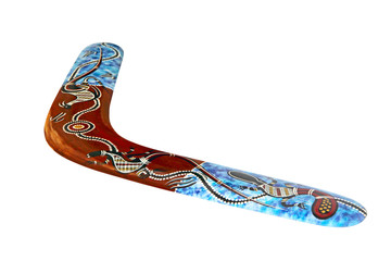 Multicolored australian boomerang isolated on white background. - obrazy, fototapety, plakaty
