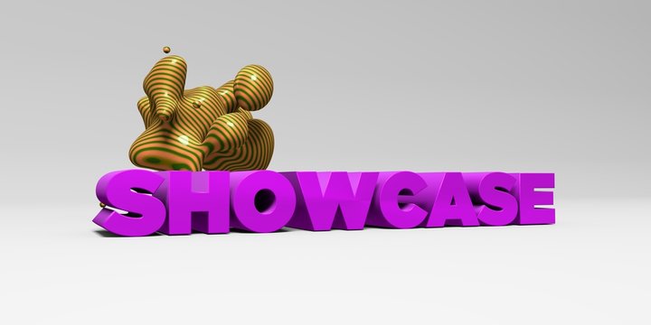 SHOWCASE -  color type on white studiobackground with design element - 3D rendered royalty free stock picture. This image can be used for an online website banner ad or a print postcard.