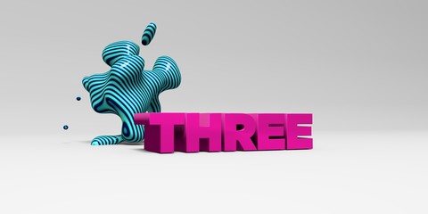 THREE -  color type on white studiobackground with design element - 3D rendered royalty free stock picture. This image can be used for an online website banner ad or a print postcard.