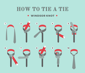 Instructions on how to tie a tie on the turquoise background of the eight steps. Windsor knot . Vector Illustration.