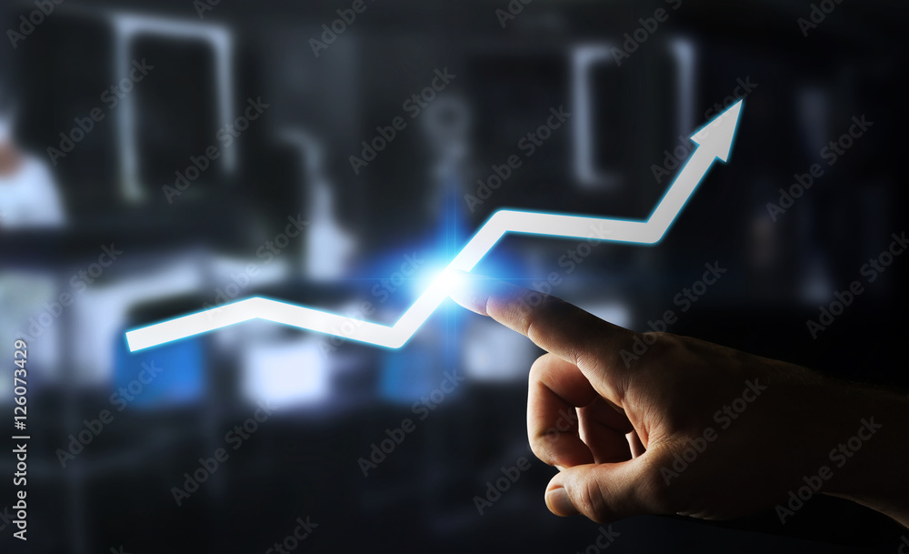 Poster businessman touching digital arrow 3d rendering
