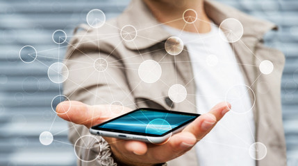 Businessman using digital data network with mobile phone 3D rend