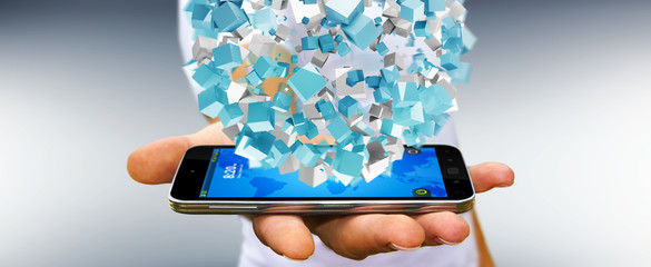 Businessman holding flying abstract sphere over mobile phone 3D