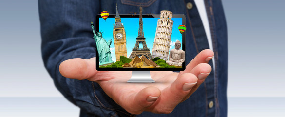 Man travelling the world with his computer