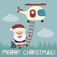 Merry Christmas! Funny Santa Claus flying on helicopter with gift bag. - 126074013