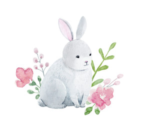 Watercolor rabbit with flowers