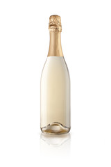 bottle of champagne with reflection isolated on white background