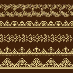 Set of seamless borders for design and application of henna. Mehndi style.

