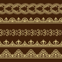 Fototapeta premium Set of seamless borders for design and application of henna. Mehndi style. 