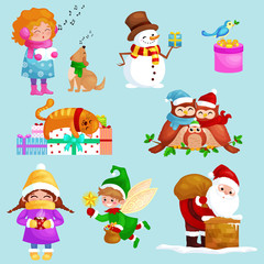 Obraz na płótnie Canvas illustrations set Merry Christmas Happy new year, girl sing holiday songs with pets, snowman gifts, cat and dog enjoy presents, owls family and bird,Christmas elf Santa Claus climbing chimney with bag