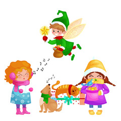 vector illustrations set Merry Christmas Happy new year, girl sing holiday songs with pets, cat and dog enjoy presents, elf flies using wings with magic wand star