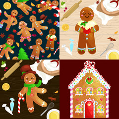 Naklejka premium set christmas cookies gingerbread man and girl near sweet house decorated with icing dancing and having fun in a cap with the Christmas tree and gifts, xmas sweet food vector illustration
