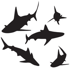 Shark vector silhouettes set.