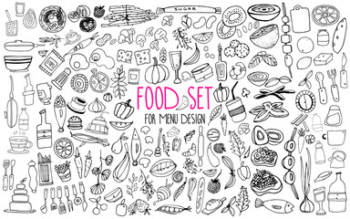 Hand drawn food elements. Set for menu decoration. Cartoon. Simple stylized forms.