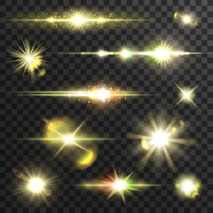 Shining star light rays vector set with lens fare