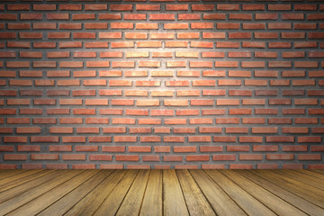 empty room of old red brick wall, Perspective brown wooden floor ,spot light from top,for display or present your products, interior room for graphic design,filtered image