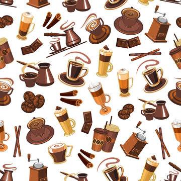 Coffee seamless pattern with beans, cups, mills
