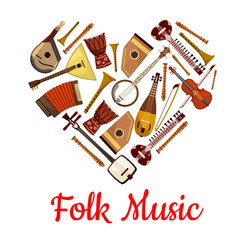 Folk music heart emblem of musical instruments
