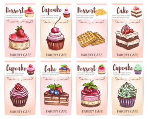 Cafe desserts menu. Sketched cupcakes, cakes tags