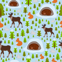 seamless texture winter forest with animals and trees