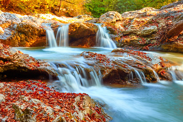 Beautiful waterfall in forest at sunset. Autumn landscape, fallen leaves, water flow 
