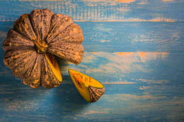 Top view Pumpkin varieties Thailand, on a wooden table. Pumpkin is a versatile vegetable that can be used to cook.