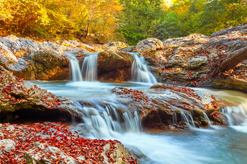 Beautiful waterfall in forest at sunset. Autumn landscape, fallen leaves, water flow 
